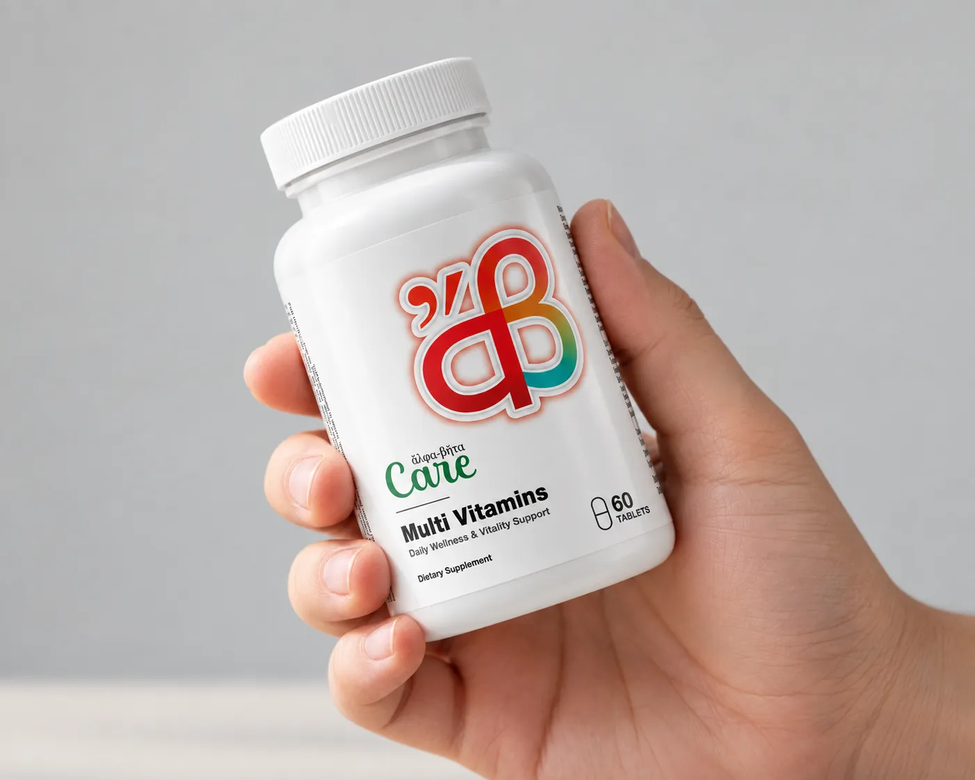 Опаковка Alpha-Beta Care мултивитамини и минерали, държана в ръка