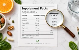Етикет на витамини с mg, µg и % NRV, разглеждан с лупа