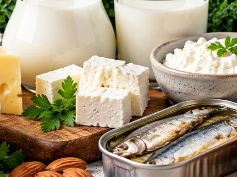 Калций – хранителни източници като мляко, кисело мляко, сирене, броколи и сардини